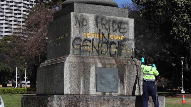 Hyde Park’s Captain Cook statue underwent a thorough clean after vandals spray painted them with slogans protesting the date of Australia Day. (Pic: David Swift)