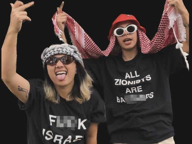 Anti-Israel activists Elsa Tuet-Rosenberg (L) and Zee Mazloum in a social media post promoting the sale off offensive anti-Israel slogans on t-shirts. . Picture: Instagram