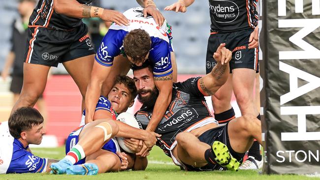 Tigers co-captain James Tamou scored the opening try for Wests. Picture: Mark Evans/Getty Images