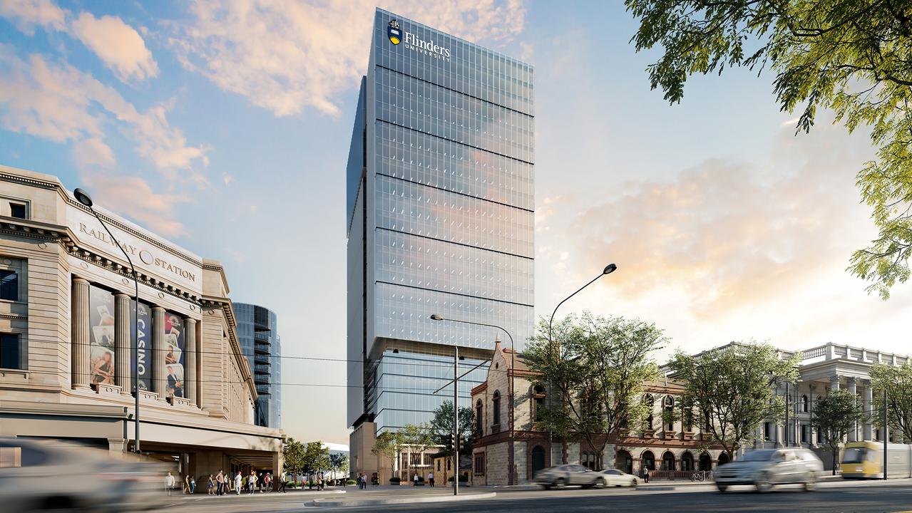 An artist's impression of the Flinders University branding on the North Terrace-facing side of the Festival Tower being built by Walker Corporation in the Riverbank precinct. State parliament is to the right. Picture supplied by Walker Corporation and Flinders University