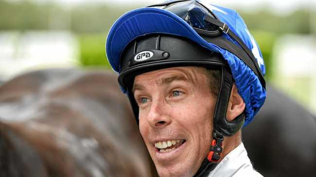 JOCKEY'S JOY: Ronnie Stewart displays his delight winning aboard Brocky in the Lyndons 2yo Maiden Plate at Ipswich racetrack last Friday. Picture: Rob Williams