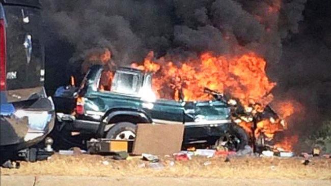 The fiery wreck of the Bussell Highway crash. Picture: Kate Sheedy