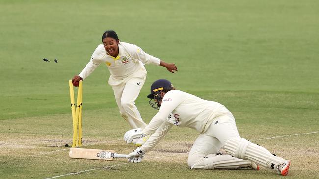 Alana King of Australia runs out Anya Shrubsole of England during day four of the women's Test match at Manuka Oval. Picture: Getty Images