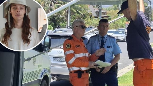 The SES and police on site, on day three, discuss the plan for bushland coverage at Emerald Beach in the search for missing teen Jacob Partridge.