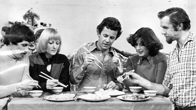 Deane Hutton, Lyn McCarthy, Ian Fairweather, Belinda Davey and Dr. Rob Morrison on the 'The Curiosity Show' set for the 100th colour episode of the show, in September 1977.