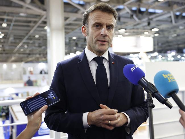 France’s President Emmanuel Macron addresses the press after having being informed of the knife attack in Mulhouse. Picture: AFP