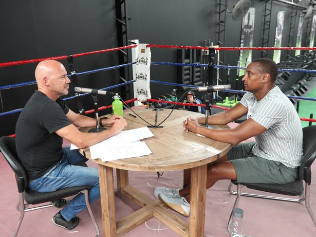 Gary Jubelin and Khalid Baker during the podcast recording in Brisbane. Picture: Annette Dew