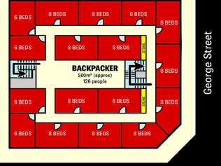 FLOORPLAN: A plan of the top floor (left) of the 126-bed hostel approved for land opposite Hinkler Central (above).