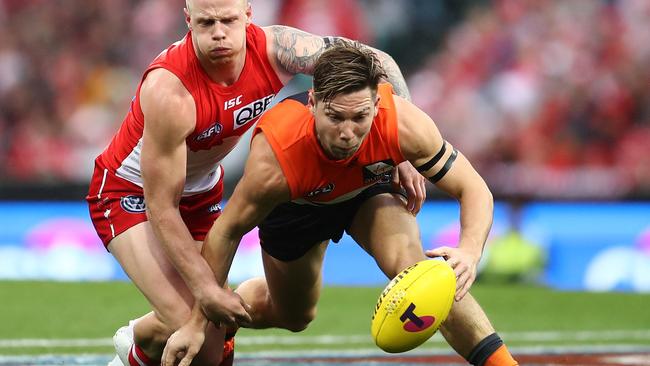 Toby Greene has been fined by the match review officer, but not over his marking technique. Picture: AAP