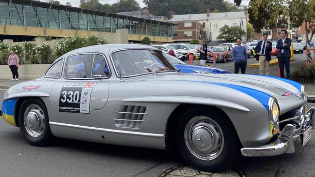 A rare 1955 Mercedes Benz 300SL gull wing being driven in Targa by Queensland father and son Chris and Oscar Bowden. Picture James Bresnehan