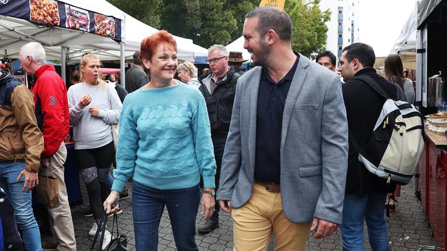 Pauline Hanson with Senate candidate for Tasmania Matthew Stephen running on the Pauline Hanson's One Nation party ticket.  Pauline Hanson at the Salamanca Markets Hobart drumming up support for Pauline Hanson's One Nation party for the up coming federal election.  Picture: NIKKI DAVIS-JONES