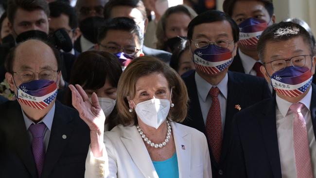 Visiting US House Speaker Nancy Pelosi waves to journalists during her arrival at the parliament in Taipei on August 3, 2022. Picture: Sam Yeh / AFP