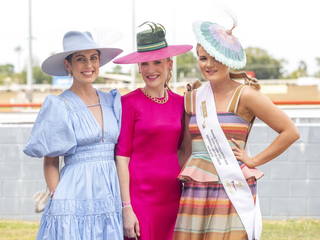 Arabella Ward, Naomi Loudon and Bridget McCue is the winner of the Ladies Day Luncheon 2022 Fashions on the field all enjoying themselves at the Ladies Day 2022 races. Picture: Floss Adams.