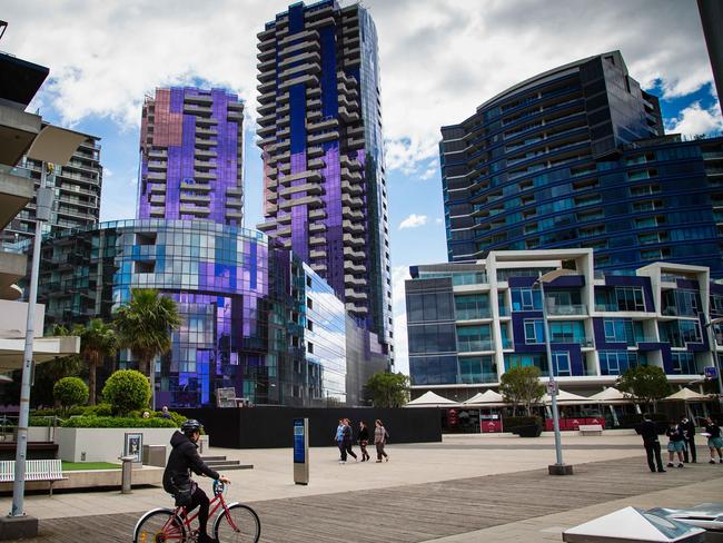 Photo: Hamish BlairA view of the outside of the building (purple buildings) during the first look at TheQuays luxury apartments in Docklands on October 15, 2013 in Melbourne, Australia