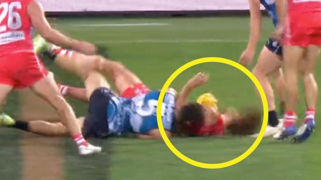 Adam Cerra's dangerous tackle on Tom Hickey.