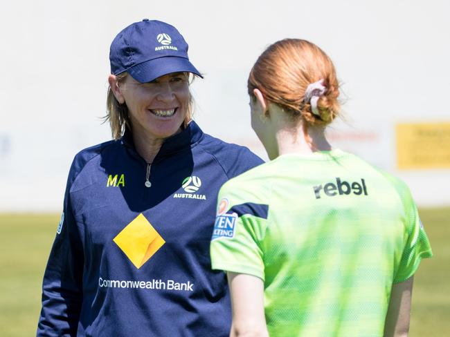 Matildas assistant coach Melissa Andreatta chats to Cortnee Vine during a training session. Photo: Supplied Football Australia