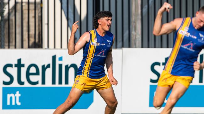 Tyson Whyte scores for Wanderers against Palmerston Magpies in Round 1 of the 2023-24 NTFL season. Picture: Pema Tamang Pakhrin