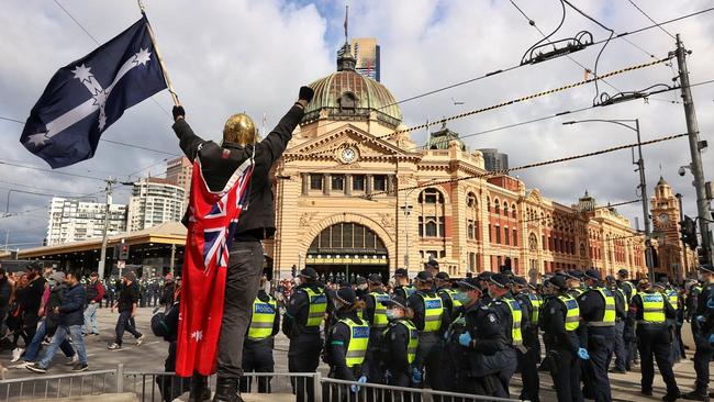 Hundreds of anti-lockdown and anti-vax protesters marched through Melbourne’s CBD. Picture: Mark Stewart