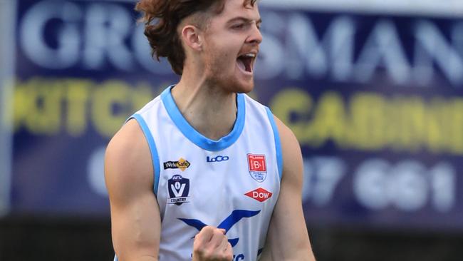 Oliver Wiltshire celebrates a goal for Barwon Heads. Picture: Mark Wilson