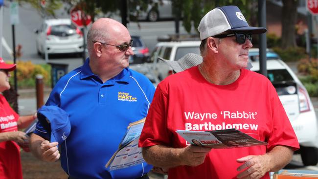 Michael Hart and Wayne “Rabbit” Bartholomew at the polling booth. Picture Glenn Hampson