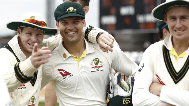 Australian players (l-r) Steve Smith, Alex Carey and Marnus Labuschagne during the tour match against Derbyshire. Picture: Getty Images