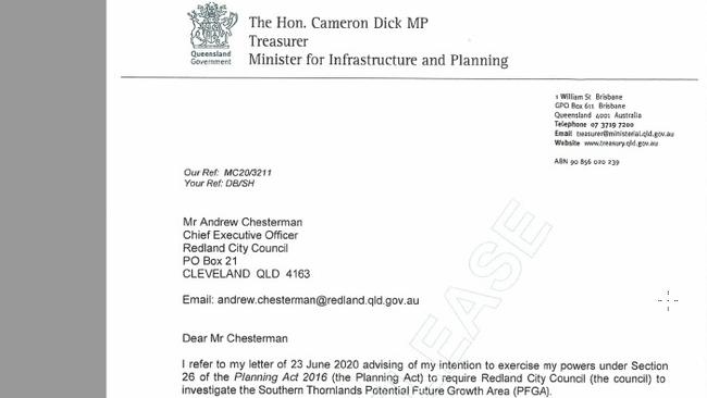 A letter to Redland council from the then State Planning Minister Cameron Dick who issued a ministerial directive forcing the council to look into the Thornlands future growth area.