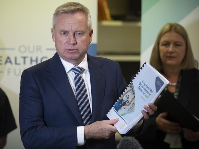 RHH Emergency Specialist Dr Viet Tram, Premier Jeremy Rockliff and State Health Commander Katherine Morgan- Wicks during the release the Long Term Plan for Healthcare in Tasmania at the COVID@home plus call centre. Picture: Chris Kidd