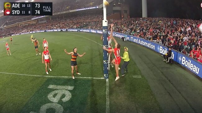 The moment Ben Keays’ kick crossed the line against the Swans. Picture: Fox Sports