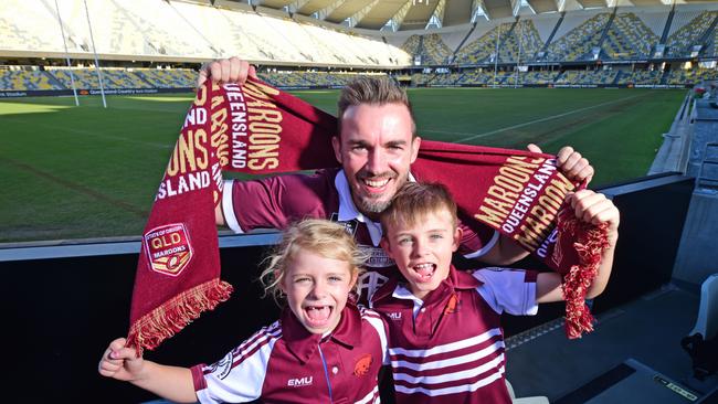 Rob Peel and his children Indi, 5, and Hudson, 6, are ready to support the Maroons come Game 1 in Townsville.