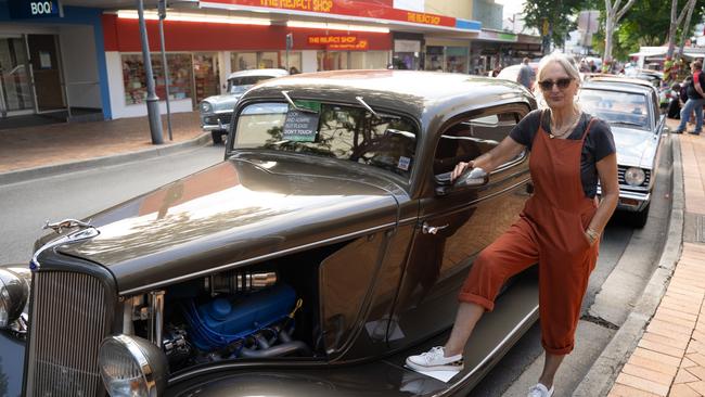 Dale Armstrong with her husband, Tony's '34 Ford Coupe at Mary Christmas, December 20,2023.