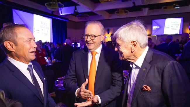 Roger Cook (left), Anthony Albanese (middle) and Kerry Stokes (right). Picture: Mark Stewart / NewsWire