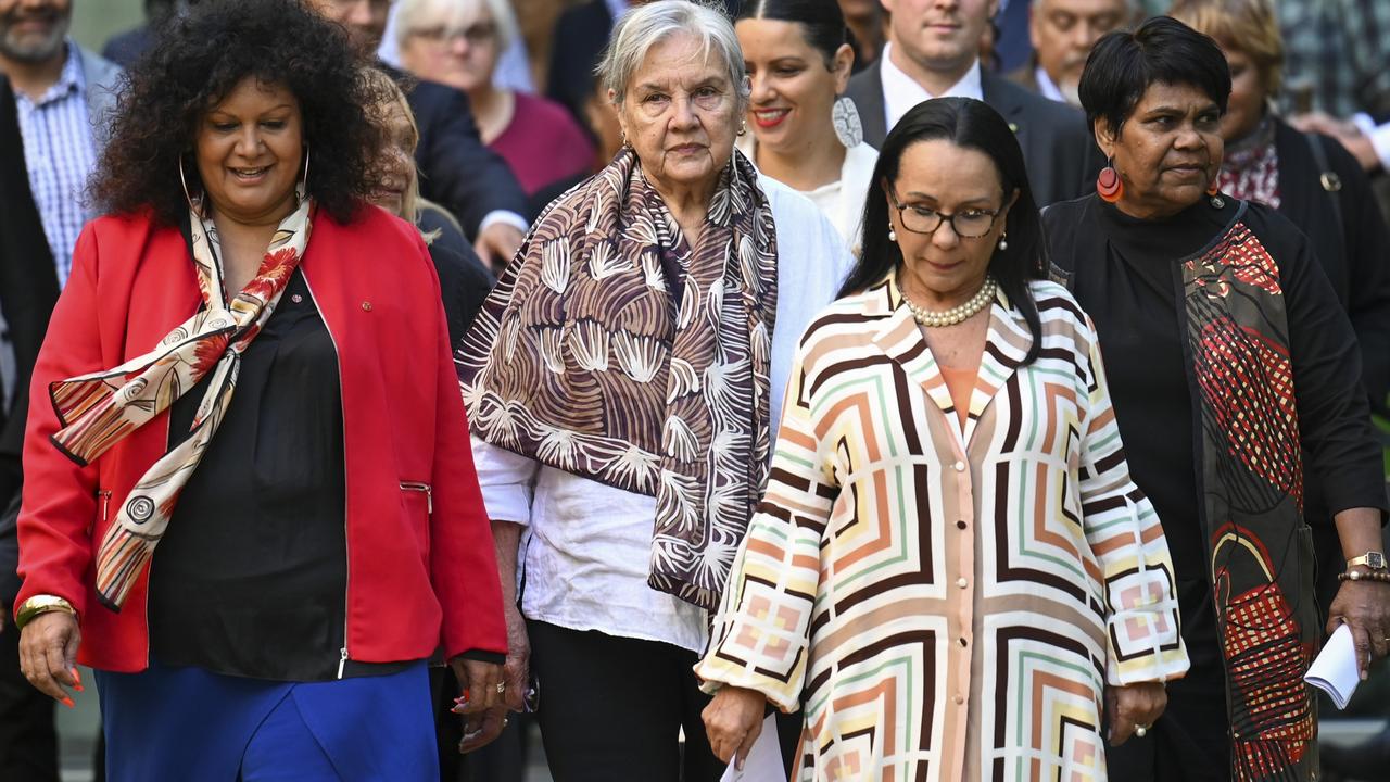 Malarndirri McCarthy, Pat Anderson, Linda Burney and Marion Scrymgour arrive to address the media in Canberra in March. Picture: Getty Images