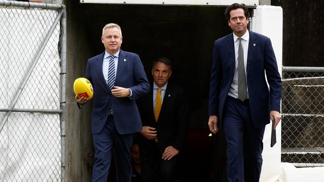 HOBART, AUSTRALIA - MAY 03: (L-R) Tasmanian Premier Jeremy Rockliff, Acting PM Richard Marles and Gillon McLachlan, Chief Executive Officer of the AFL are seen during the AFL Tasmanian Team Announcement at North Hobart Oval on May 03, 2023 in Hobart, Australia. (Photo by Michael Willson/AFL Photos via Getty Images)