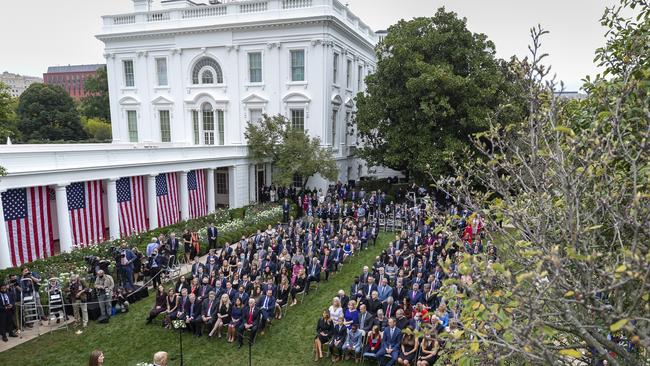 The nomination of Amy Coney Barrett in the Rose Garden produced a cluster of coronavirus cases among politicians and White House staff. Picture: Amy Rossetti.