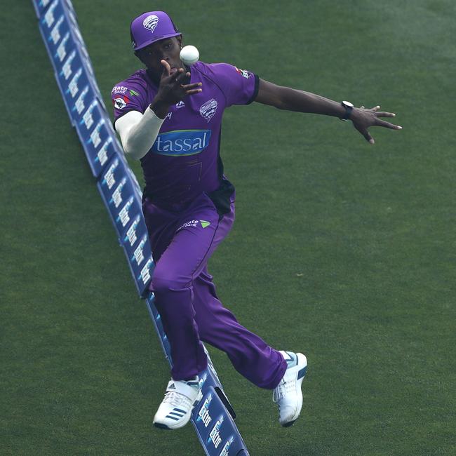 Jofra Archer takes a catch on the boundary in a BBL match at Blundstone Arena in January. Picture: GETTY