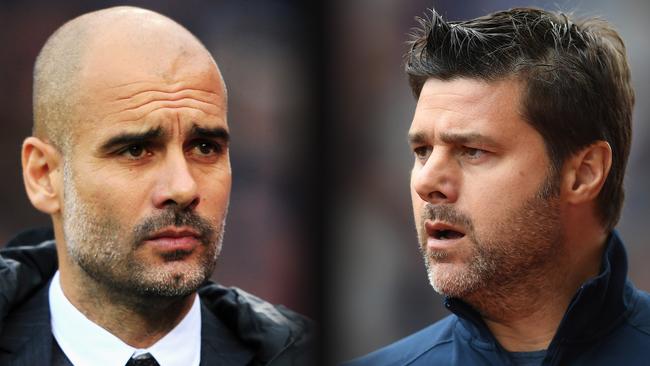 FILE PHOTO (EDITORS NOTE: GRADIENT ADDED - COMPOSITE OF TWO IMAGES - Image numbers (L) 624347276 and 629845764) In this composite image a comparision has been made between Josep Guardiola, Manager of Manchester City (L) and Mauricio Pochettino, Manager of Tottenham Hotspur. Manchester City meet Tottenham Hotspur on January 21, 2017 in a Premier League match at the Etihad Stadium. ***LEFT IMAGE*** LONDON, ENGLAND - NOVEMBER 19: Josep Guardiola, Manager of Manchester City looks on during the Premier League match between Crystal Palace and Manchester City at Selhurst Park on November 19, 2016 in London, England. (Photo by Stephen Pond/Getty Images) ***RIGHT IMAGE*** STOKE ON TRENT, ENGLAND - SEPTEMBER 10: Mauricio Pochettino, Manager of Tottenham Hotspur looks on during the Premier League match between Stoke City and Tottenham Hotspur at Britannia Stadium on September 10, 2016 in Stoke on Trent, England. (Photo by Laurence Griffiths/Getty Images)