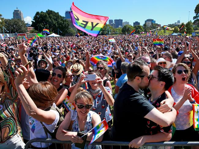 And it’s a YES!... SSM supporters celebrate at Prince Alfred Park in Surry Hills. Picture: Toby Zerna