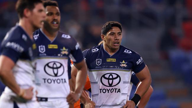 NEWCASTLE, AUSTRALIA - JULY 03: Jason Taumalolo of the Cowboys looks dejected during the round 16 NRL match between the Newcastle Knights and the North Queensland Cowboys at McDonald Jones Stadium, on July 03, 2021, in Newcastle, Australia. (Photo by Ashley Feder/Getty Images)