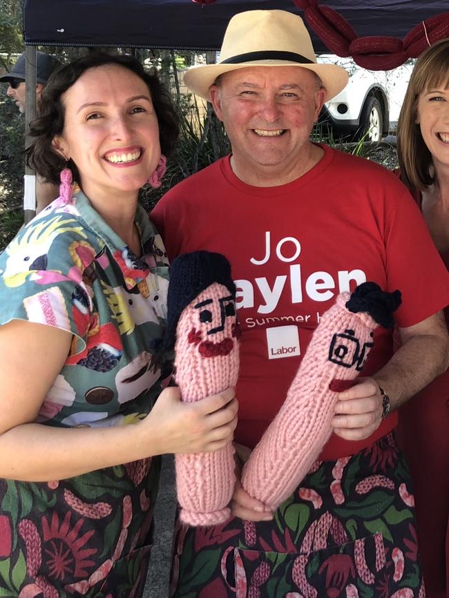 Sausage queen Chrissy Flanagan with Opposition Leader Anthony Albanese. Pictures: Kate Christian