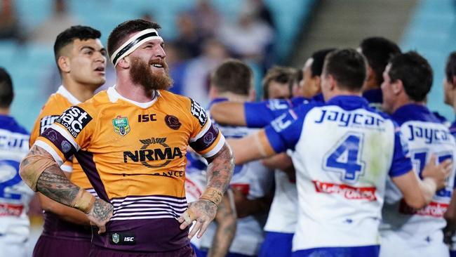 SYDNEY, AUSTRALIA — AUGUST 02: Josh McGuire of the Broncos looks dejected after a Bulldogs try during the round 21 NRL match between the Canterbury Bulldogs and the Brisbane Broncos at ANZ Stadium on August 2, 2018 in Sydney, Australia. (Photo by Cameron Spencer/Getty Images)