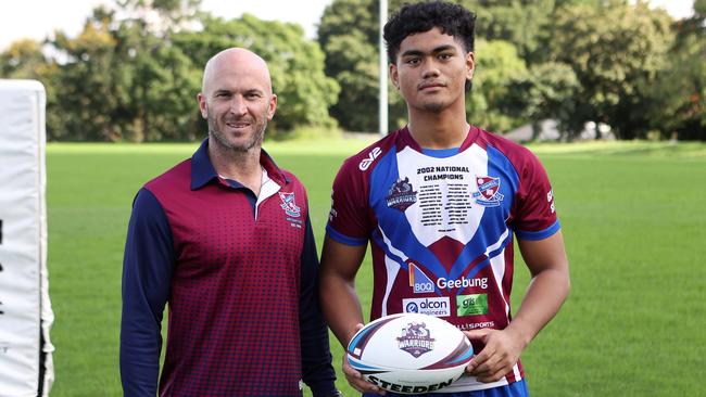 Coach Mick Roberts with Karl Oloapu, the Wavell SHS captain. Picture: Liam Kidston