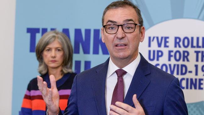 South Australian chief public health officer Professor Nicola Spurrier watches Premier Steven Marshall at Wayville Vaccination Clinic. Picture: NCA NewsWire / Brenton Edwards