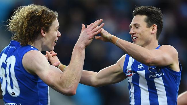 Ben Brown and Ben Jacobs celebrate a goal in 2018. Picture: Getty Images