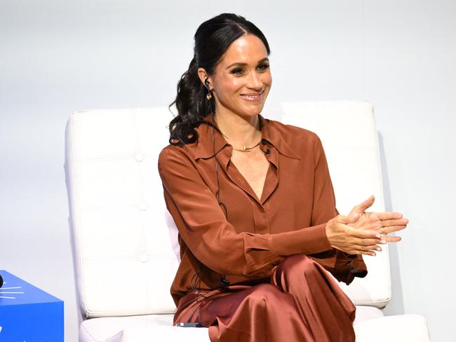 Meghan Markle smiles during the Responsible Digital Future forum in Bogota, Colombia. Picture: AFP