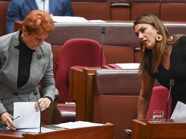 CANBERRA, AUSTRALIA, NewsWire Photos. JUNE 15, 2023: Pauline Hanson watches on as Independent Senator Lidia Thorpe addresses the Senate following her allegation that Liberal Senator David Van sexually assaulted her at Parliament House in Canberra. Picture: NCA NewsWire / Martin Ollman