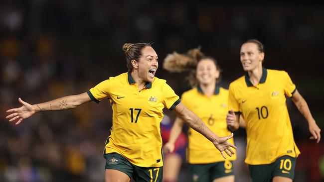 Kyah Simon of the Matildas celebrates after scoring against the USA at McDonald Jones Stadium on November 30, 2021 in Newcastle, Australia. (Photo by Cameron Spencer/Getty Images)