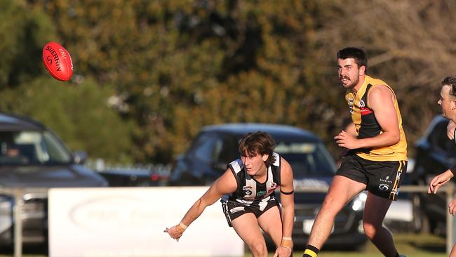Bannockburn's #20 kicks forward. GDFNL North Geelong v Bannockburn. Picture: Alan Barber