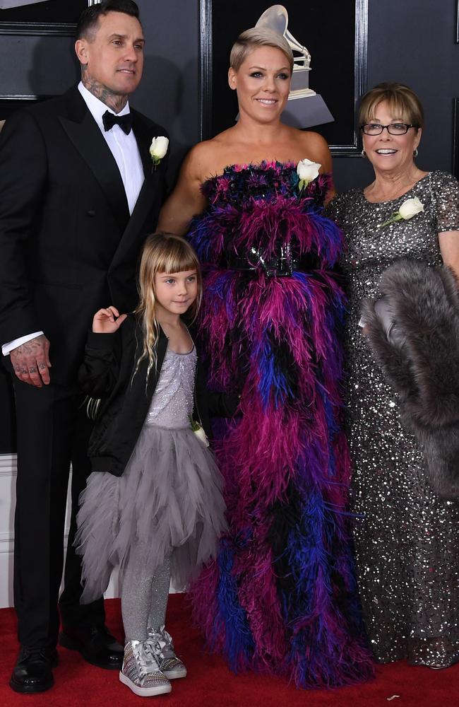 Carey Hart, Willow Sage Hart, recording artist Pink, and her mum Judith Moore arrive for the 60th Grammy Awards. Picture: AFP