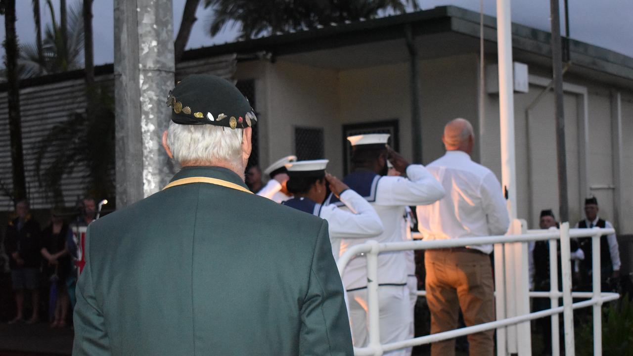 Looking towards the Australian flag at the Kuttabul dawn service at the Hampden State School Remembrance Garden 2021. Picture: Lillian Watkins flag