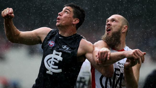 Max Gawn will do battle with in-form Carlton ruckman Matthew Kreuzer on Sunday. Picture: Wayne Ludbey